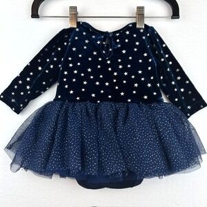 The Childrens Place Baby Girls Navy Velvet Star Tutu Bodysuit Dress 0-3M